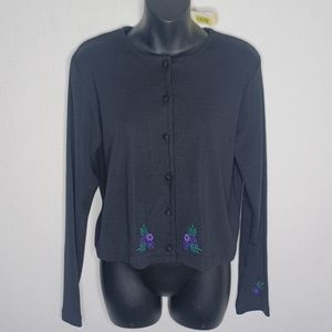 CAROLE LITTLE Cardigan Button Up. New With Tags. Med. Black/Embroidered Flowers